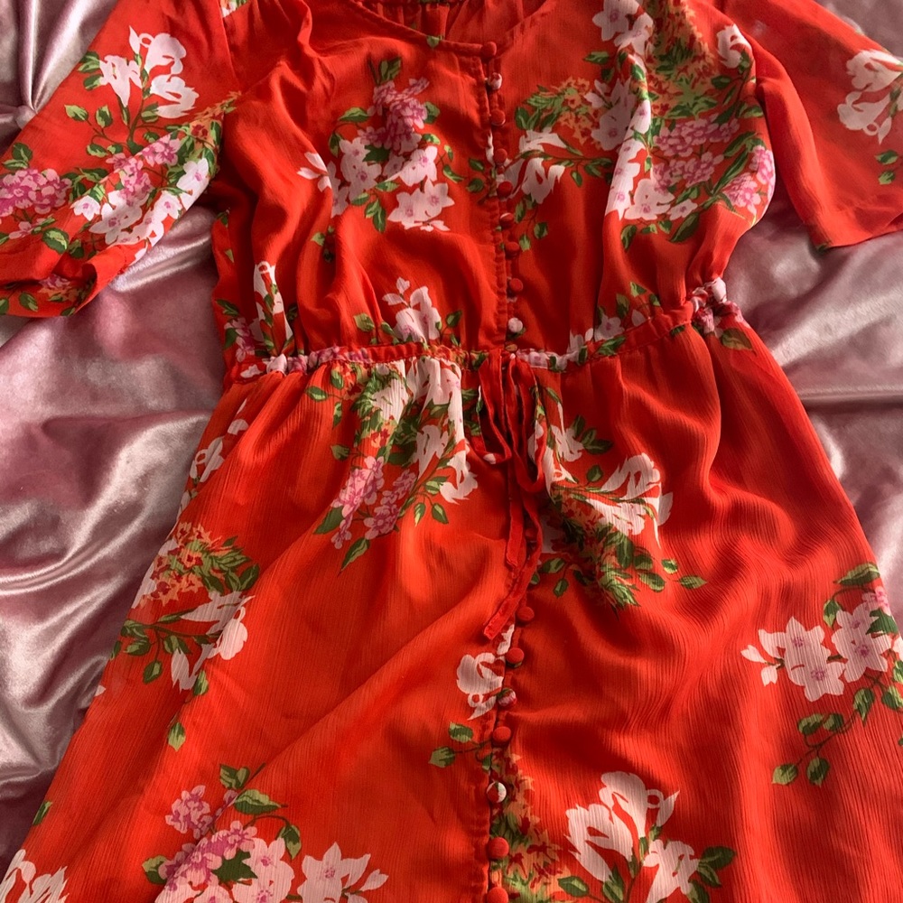 Orange Floral Full Length Dress Small 🍊